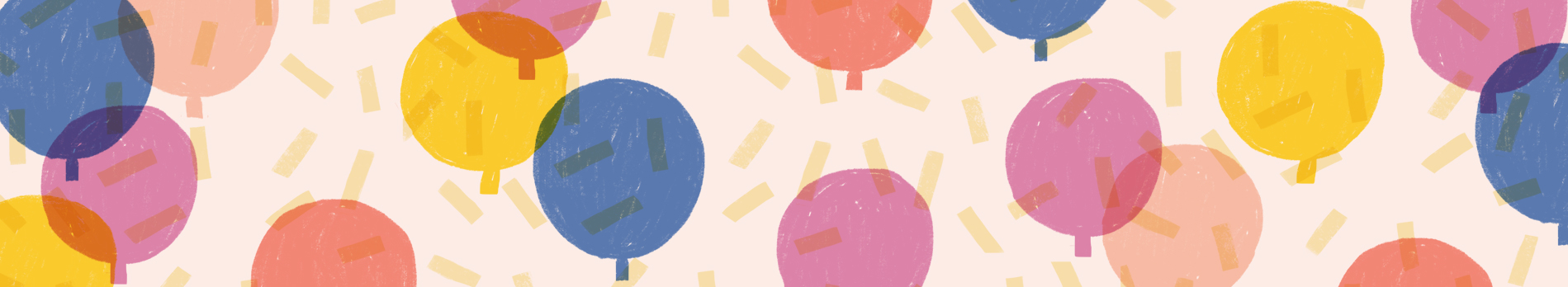 An illustration of different colored balloons and yellow confetti.