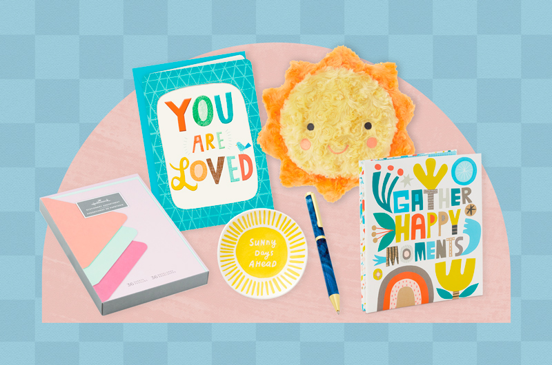 A selection of gifts meant to go in a college care package for a student who's homesick.