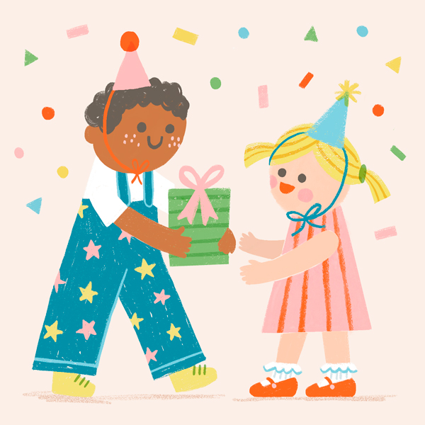 An illustration of a little boy in overalls and a party hat handing a gift to a little girl in a stripped pink dress and a party hat.