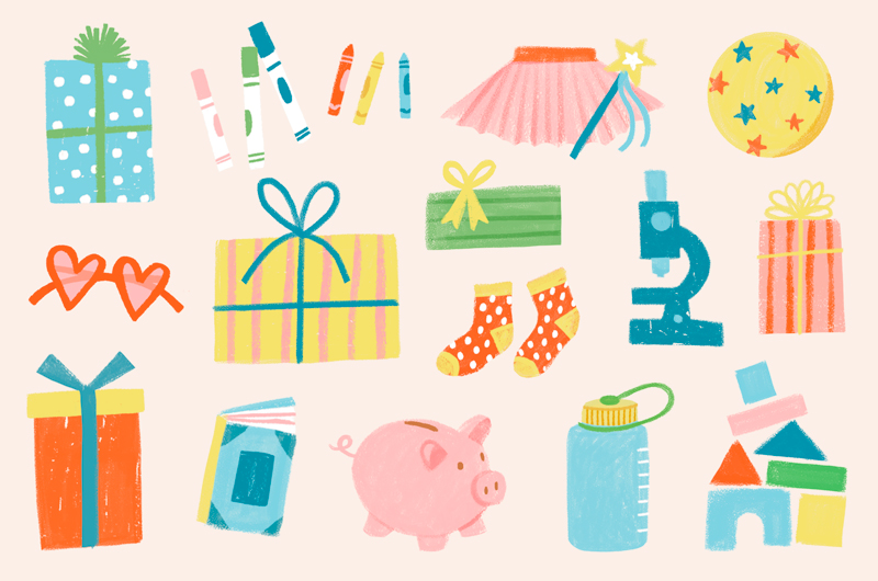 Illustrations of different kids birthday gift ideas, including a piggy bank, a tutu and fairy wand, a microscope, heart-shaped sunglasses, a journal or scrapbook, a water bottle, building blocks, a ball, and crayons and markers.